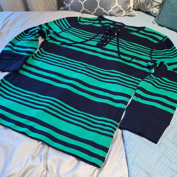Chaps 100% Cotton long sleeve Henley top lace up green black stripe Small - Picture 2 of 9